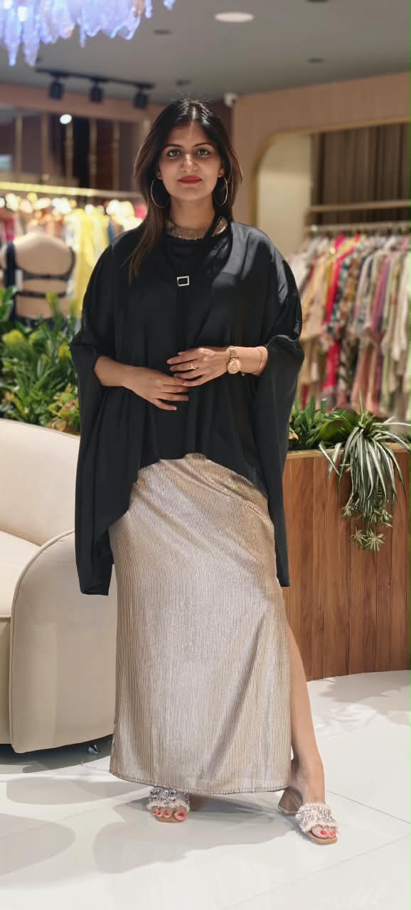Mid-Night Glam High-Low Upper With Glittery Straight Fit Skirt & Beaded Stylish Neckpiece- 16256