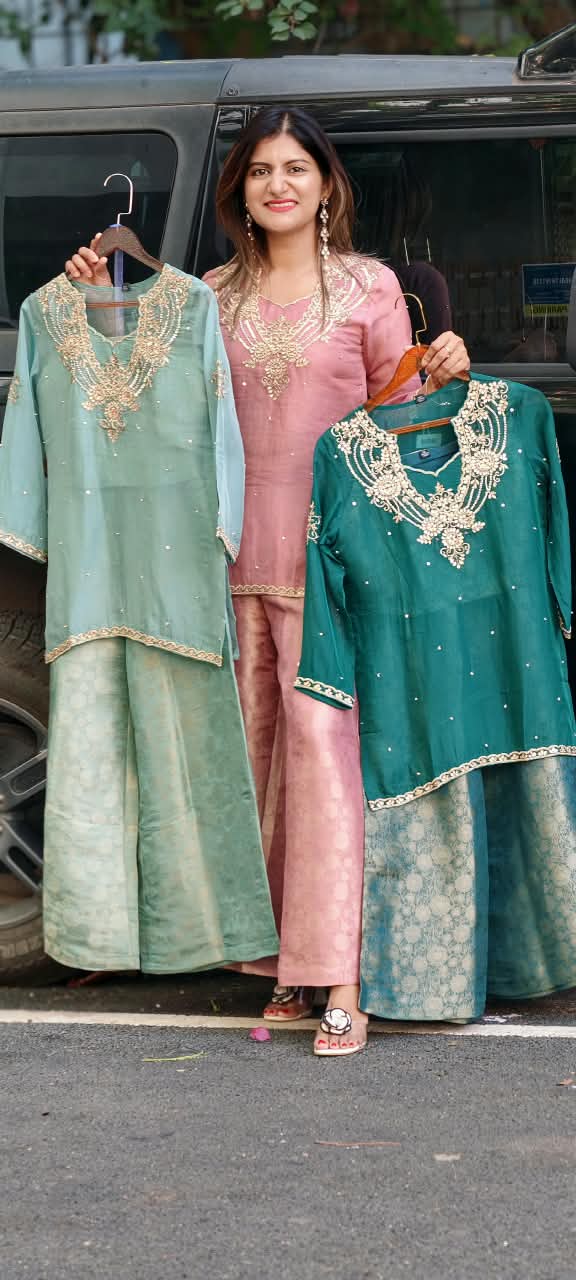 Gotta Beaded Jewel Look Embroidery Bustier Oraganza Kurta With Matching Brocade Loose Bottom- 16582