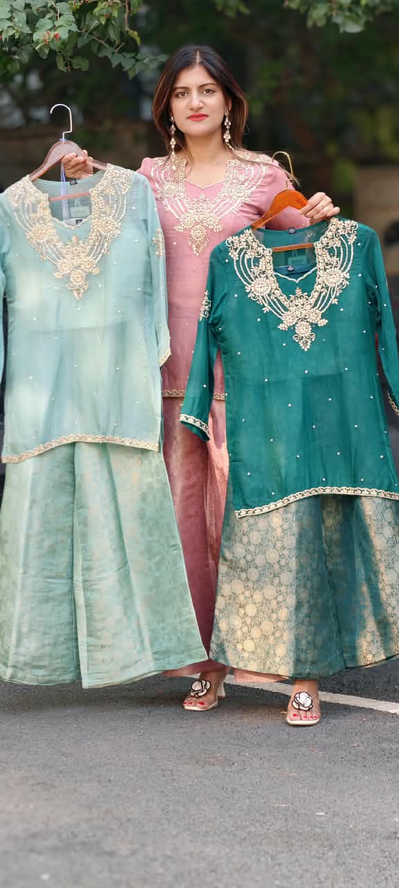 Gotta Beaded Jewel Look Embroidery Bustier Oraganza Kurta With Matching Brocade Loose Bottom- 16582