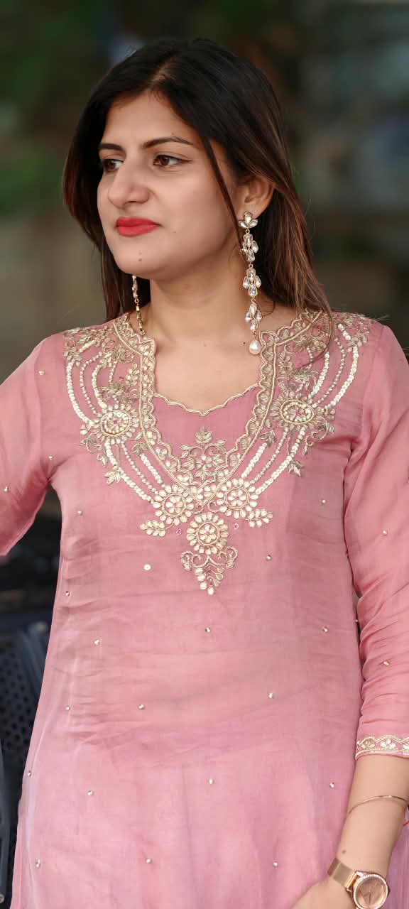 Gotta Beaded Jewel Look Embroidery Bustier Oraganza Kurta With Matching Brocade Loose Bottom- 16582