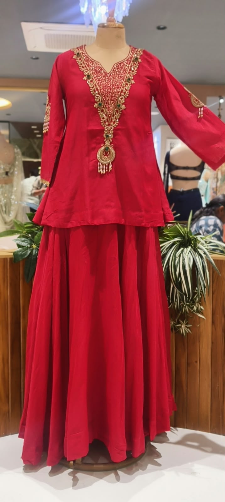 Deep Pink Short Kurta & Skirt Set with Heavily Embroidered Yoke, Stone Work & Motif Sleeves- 16603