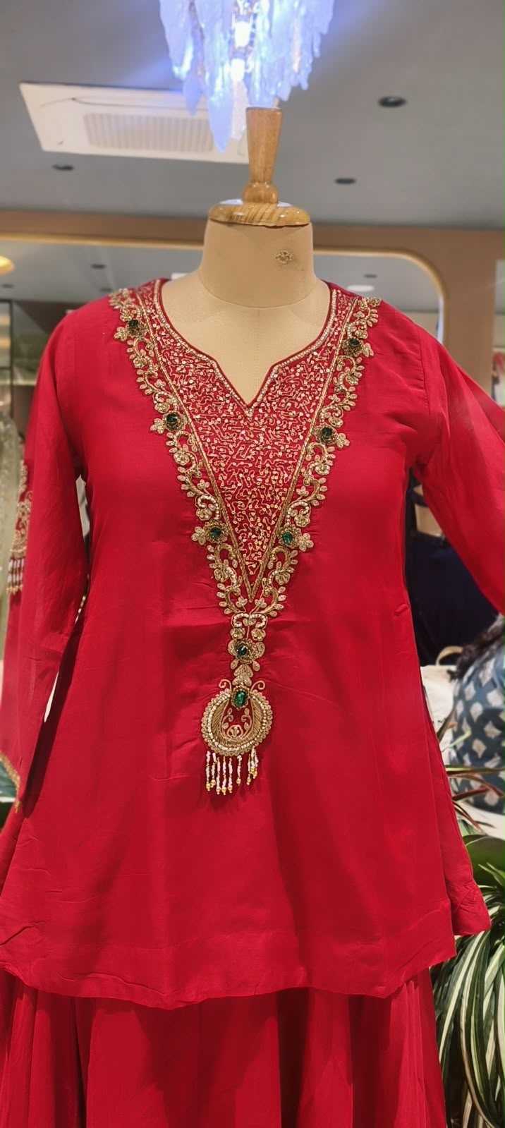 Deep Pink Short Kurta & Skirt Set with Heavily Embroidered Yoke, Stone Work & Motif Sleeves- 16603