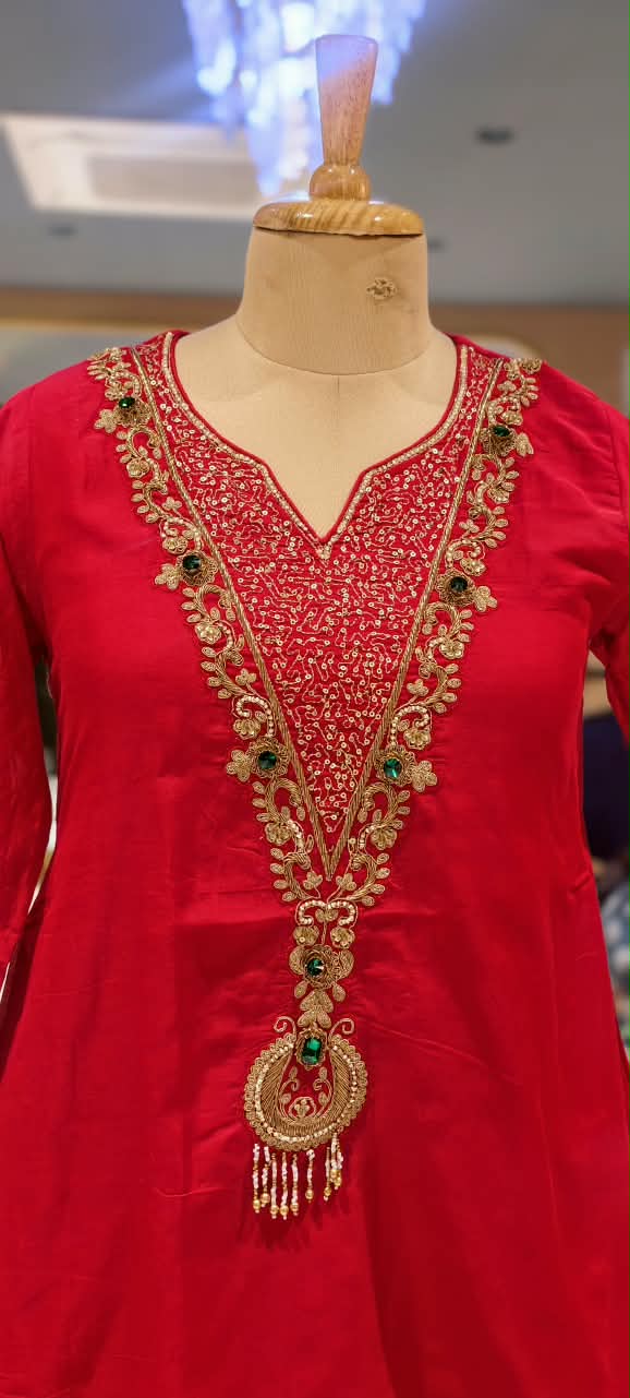 Deep Pink Short Kurta & Skirt Set with Heavily Embroidered Yoke, Stone Work & Motif Sleeves- 16603