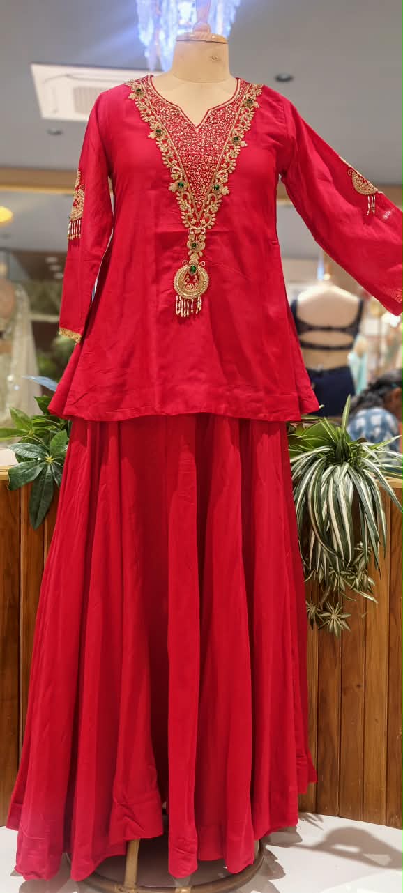 Deep Pink Short Kurta & Skirt Set with Heavily Embroidered Yoke, Stone Work & Motif Sleeves- 16603