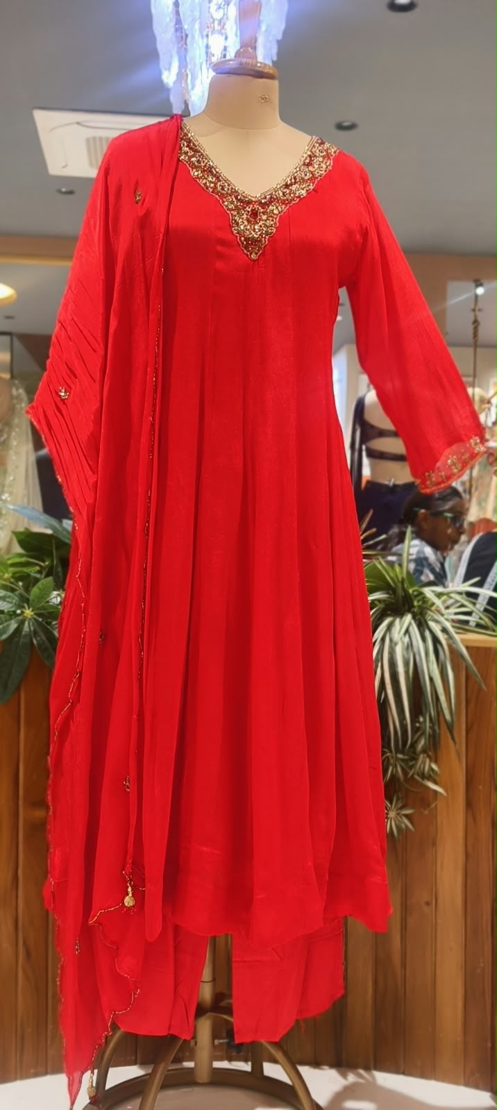 Classic Red Chinon Panel Anarkali Full Suit Set with Zari & Stone Embroidered V-Neckline- 16445