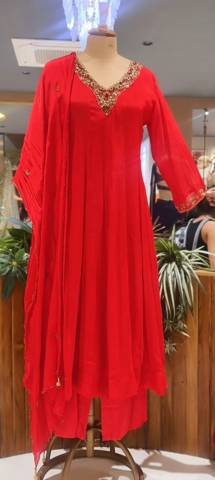 Classic Red Chinon Panel Anarkali Full Suit Set with Zari & Stone Embroidered V-Neckline- 16445