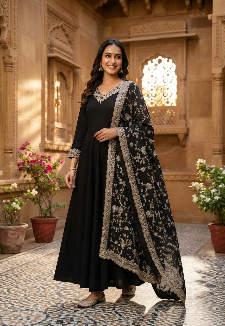 Premium Chinon Floral Sequin Scalloped Bordered Heavy Flared Anarkali Suit With Matching Dupatta- 16623