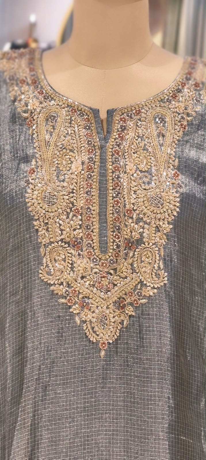 Delicate Floral Teardrop Intricate Hand Embroidery Pure Tissue Checks Touch Kaftan With Matching Bottom- 16634