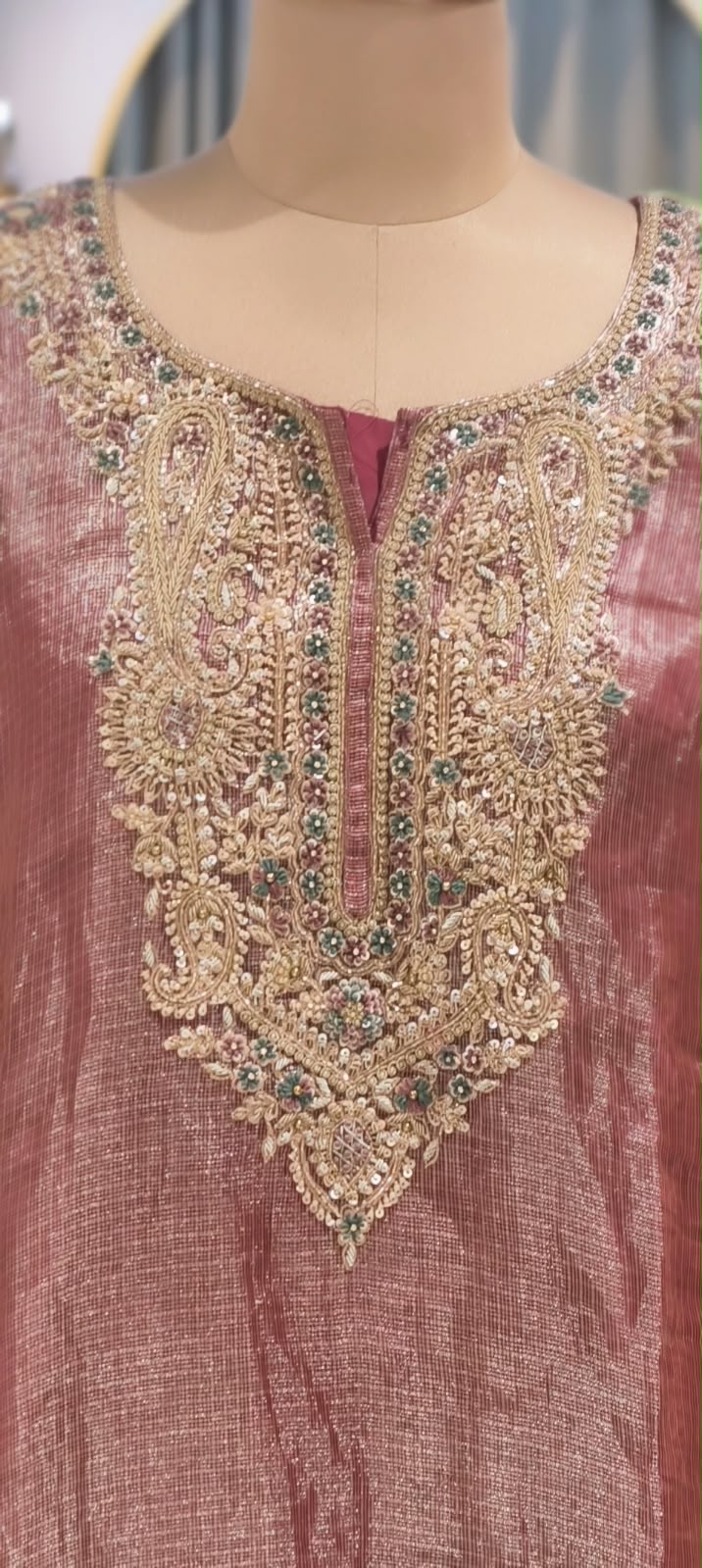 Delicate Floral Teardrop Intricate Hand Embroidery Pure Tissue Checks Touch Kaftan With Matching Bottom- 16634