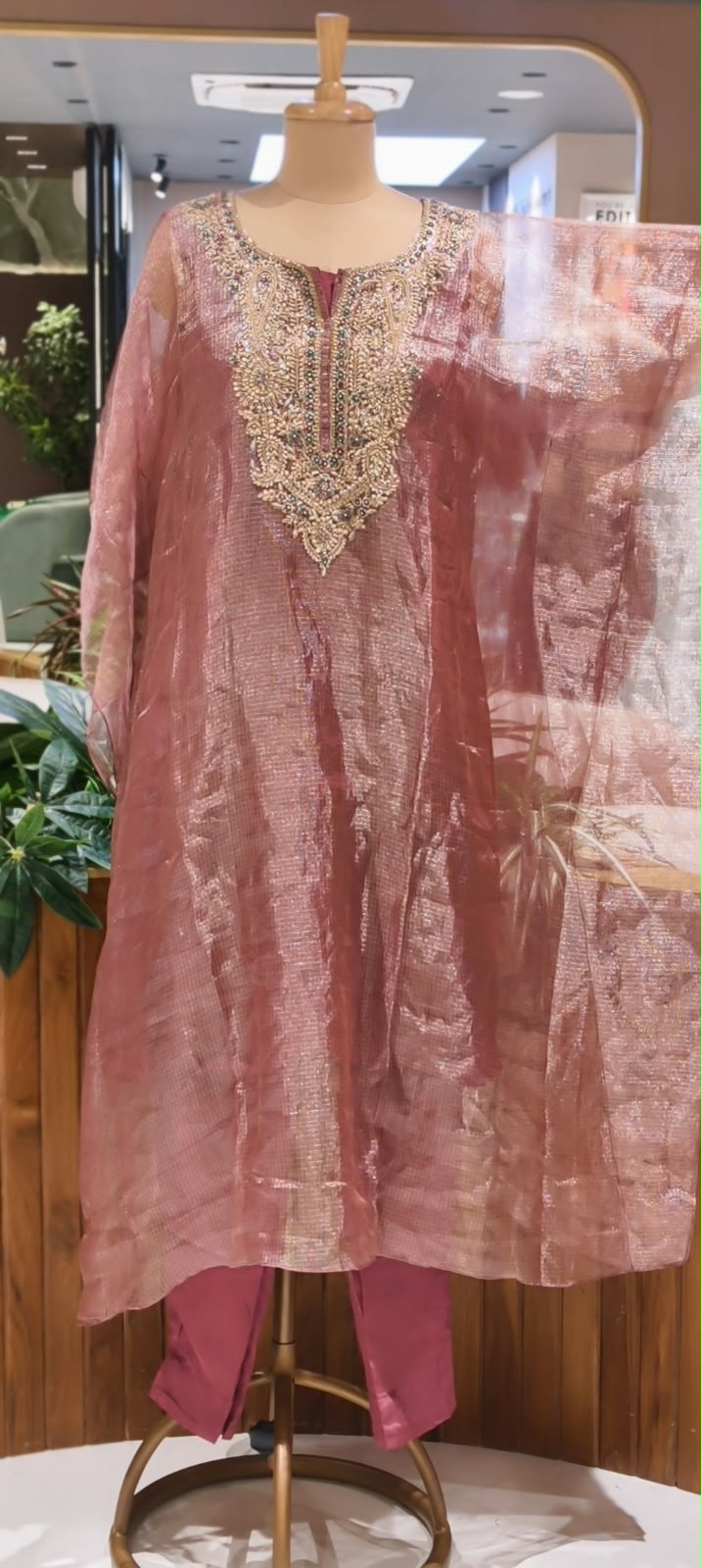 Delicate Floral Teardrop Intricate Hand Embroidery Pure Tissue Checks Touch Kaftan With Matching Bottom- 16634