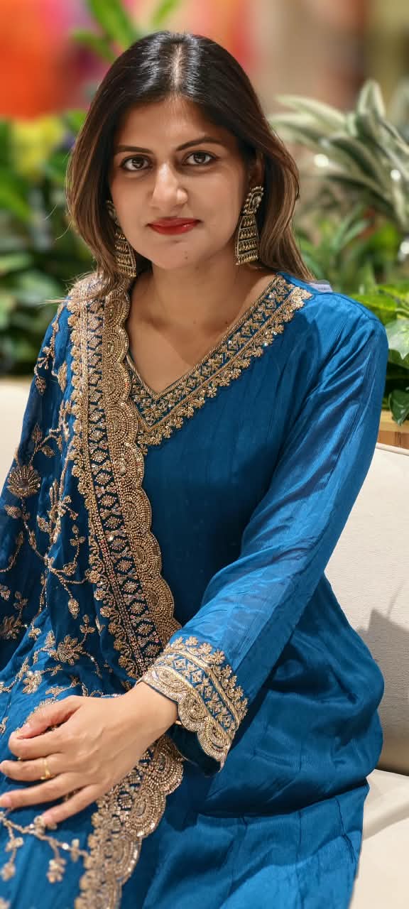Premium Chinon Floral Sequin Scalloped Bordered Heavy Flared Anarkali Suit With Matching Dupatta- 16623