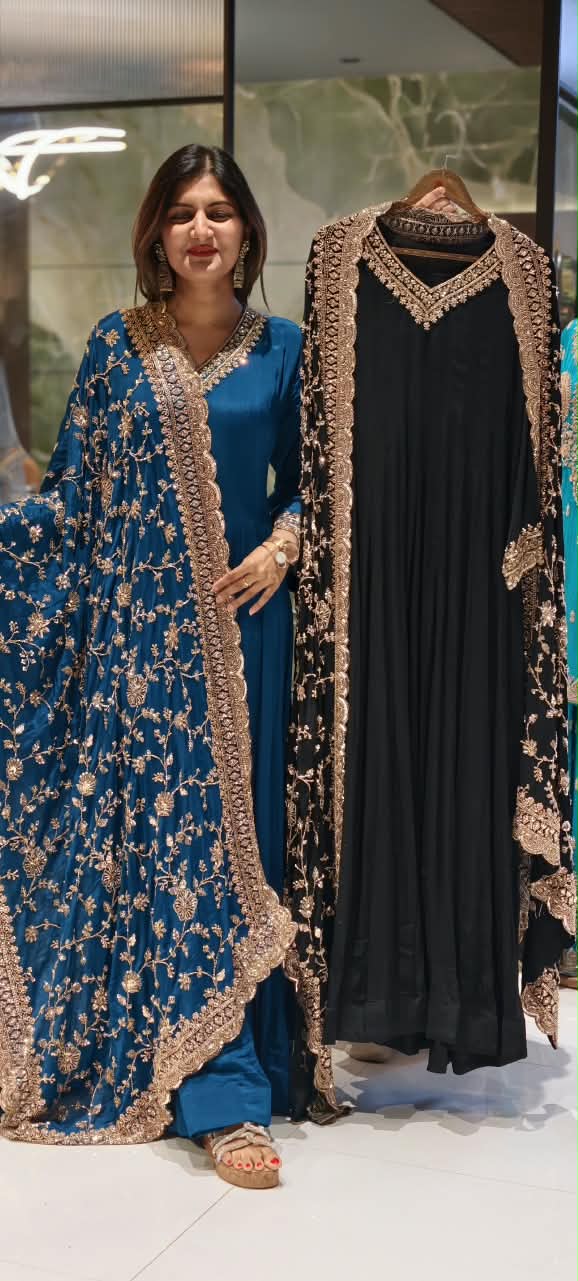 Premium Chinon Floral Sequin Scalloped Bordered Heavy Flared Anarkali Suit With Matching Dupatta- 16623