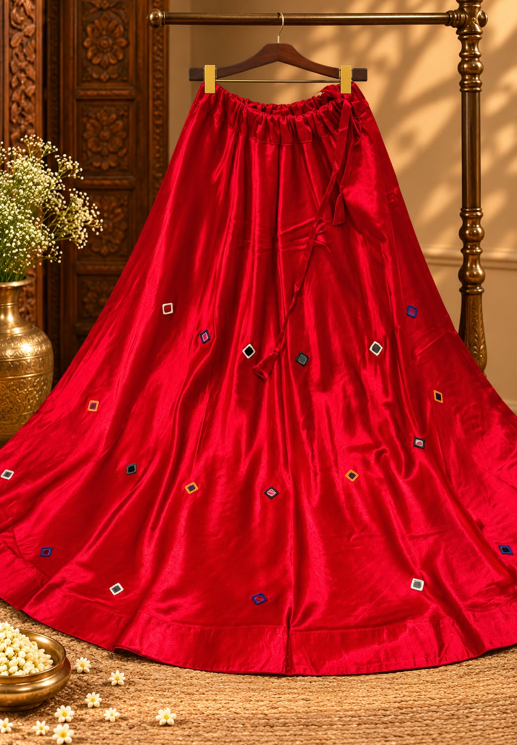 Gajji Silk Butter Soft Shiny Flared Skirt With Real Mirror Multicolor Thread Embroidery Upwork-