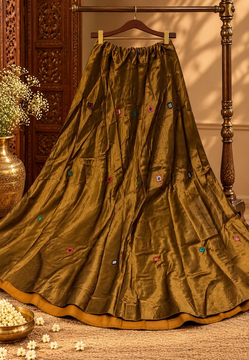 Gajji Silk Butter Soft Shiny Flared Skirt With Real Mirror Multicolor Thread Embroidery Upwork-