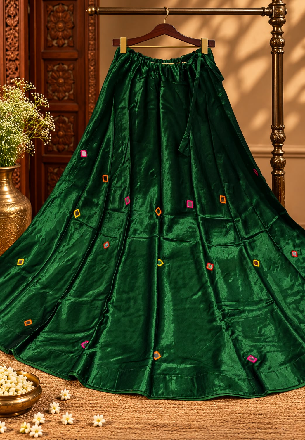 Gajji Silk Butter Soft Shiny Flared Skirt With Real Mirror Multicolor Thread Embroidery Upwork-