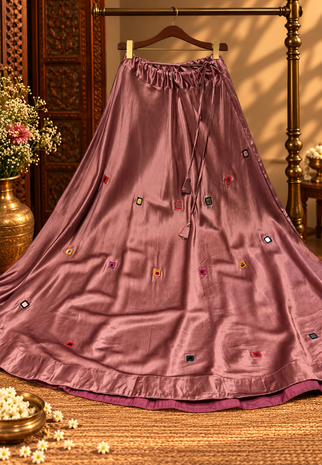 Gajji Silk Butter Soft Shiny Flared Skirt With Real Mirror Multicolor Thread Embroidery Upwork-