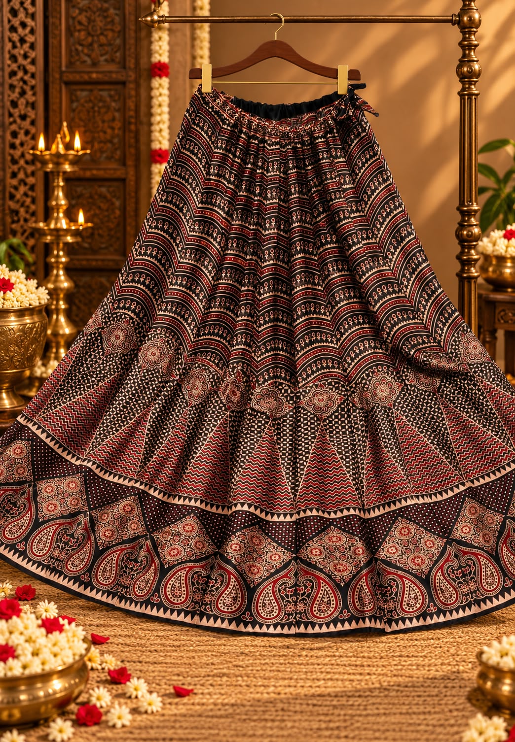 Multi Traditional Print Flared Butter Shine Gajji Silk Ethnic Panel Skirt- 16651