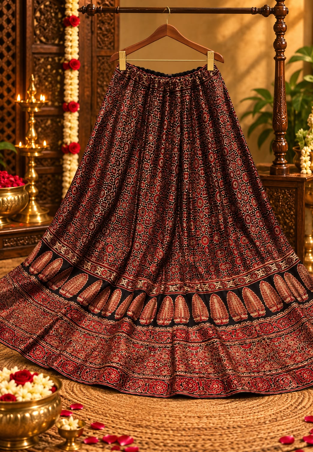 Multi Traditional Print Flared Butter Shine Gajji Silk Ethnic Panel Skirt- 16651