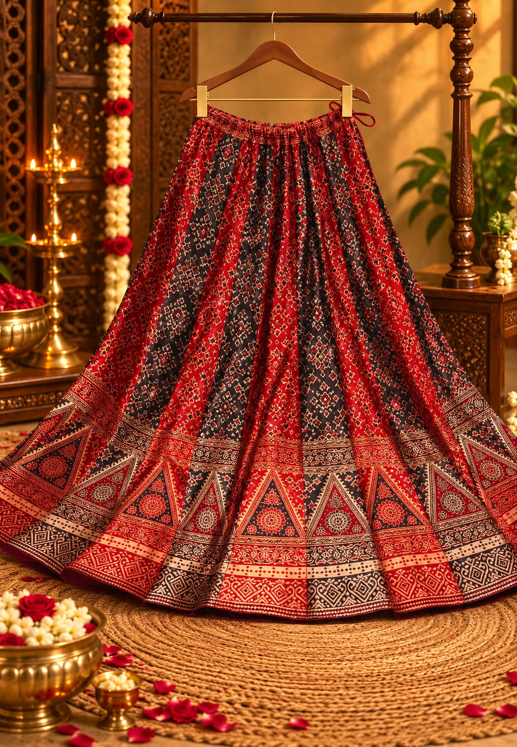 Multi Traditional Print Flared Butter Shine Gajji Silk Ethnic Panel Skirt- 16651