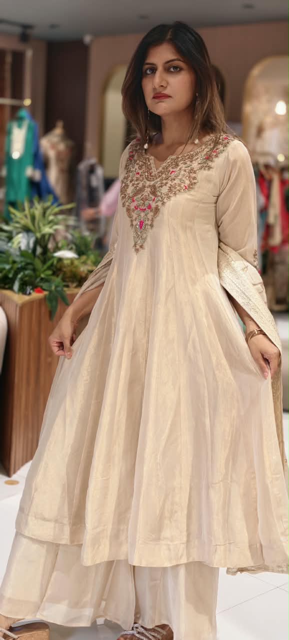 Opulent Tissue Silk Anarkali Suit with Multi-Color Zardozi and Pink Floral Embroidery- 16586