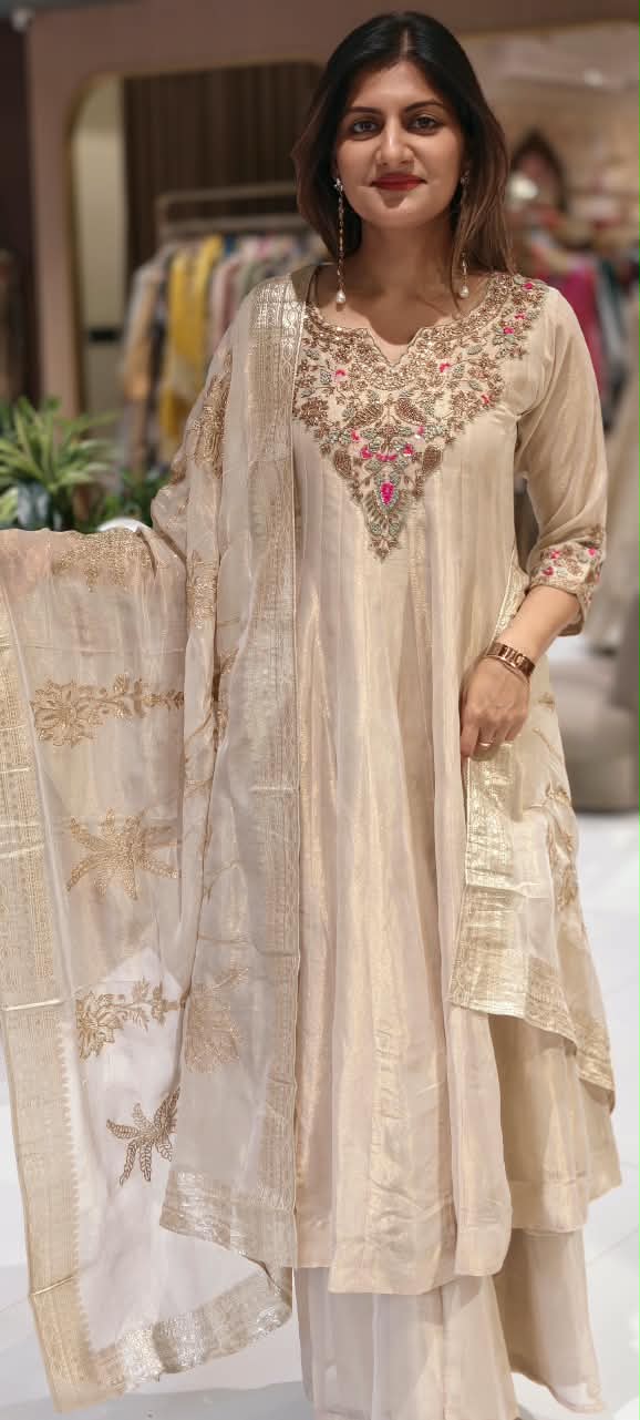 Opulent Tissue Silk Anarkali Suit with Multi-Color Zardozi and Pink Floral Embroidery- 16586