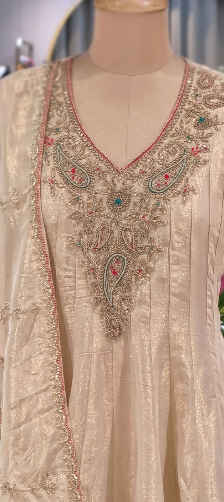 Royal Champagne Silk Tissue Anarkali Suit with Intricate Gold Neck Embroidery and Dupatta- 16619