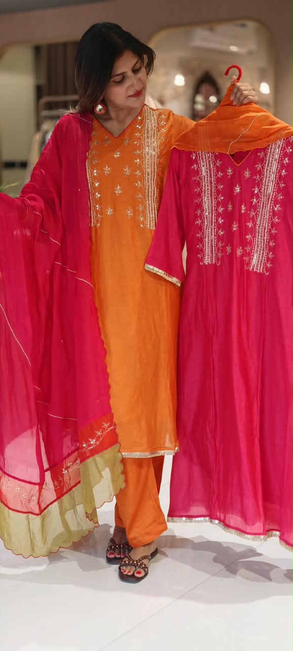Delicate Sequin Embroidery Touch Vibrant Multi Color A-Line Mul-Chanderi Full Suit Set With Dupatta- 16639
