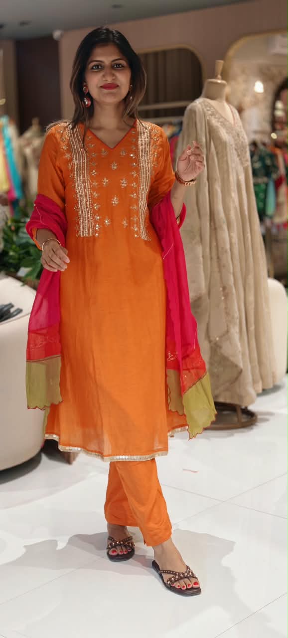 Delicate Sequin Embroidery Touch Vibrant Multi Color A-Line Mul-Chanderi Full Suit Set With Dupatta- 16639