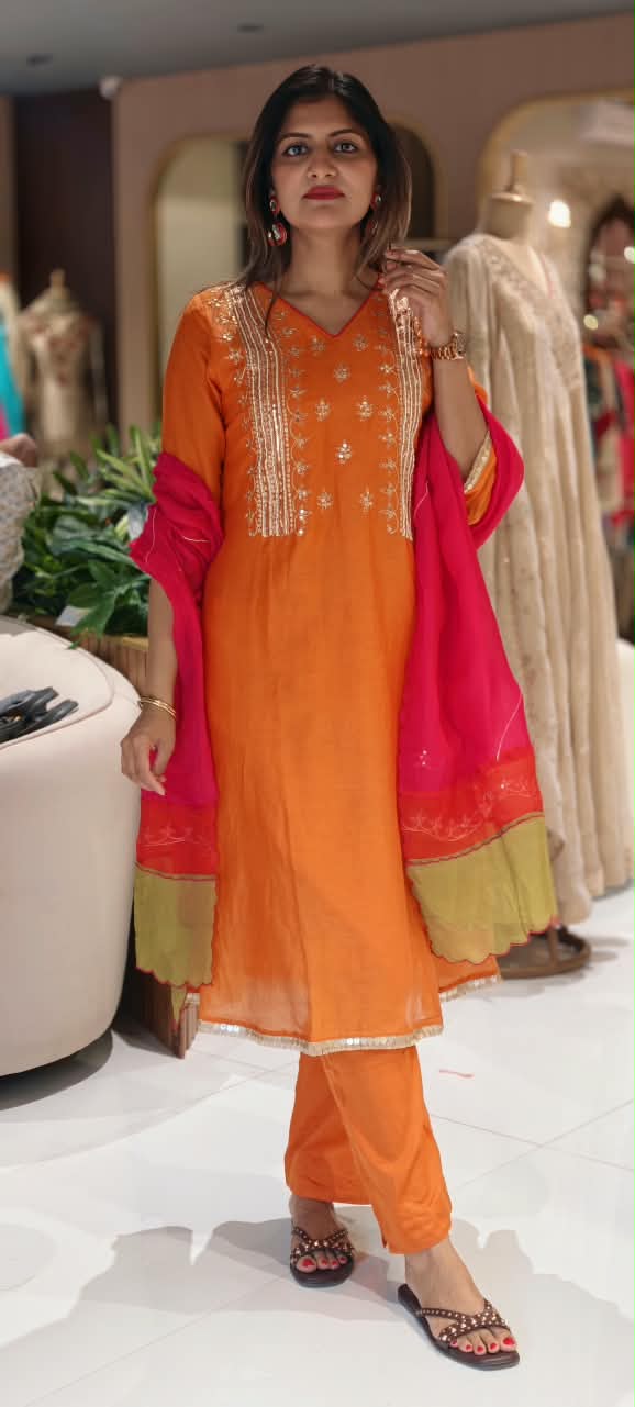 Delicate Sequin Embroidery Touch Vibrant Multi Color A-Line Mul-Chanderi Full Suit Set With Dupatta- 16639