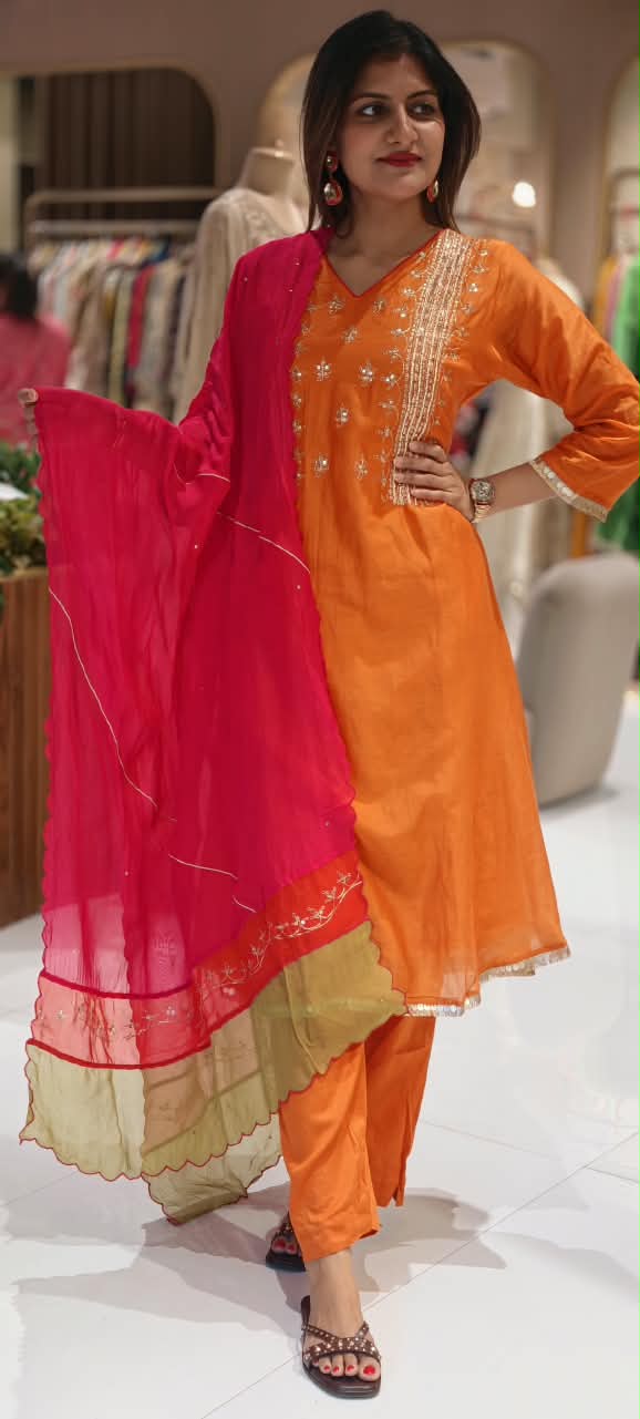 Delicate Sequin Embroidery Touch Vibrant Multi Color A-Line Mul-Chanderi Full Suit Set With Dupatta- 16639