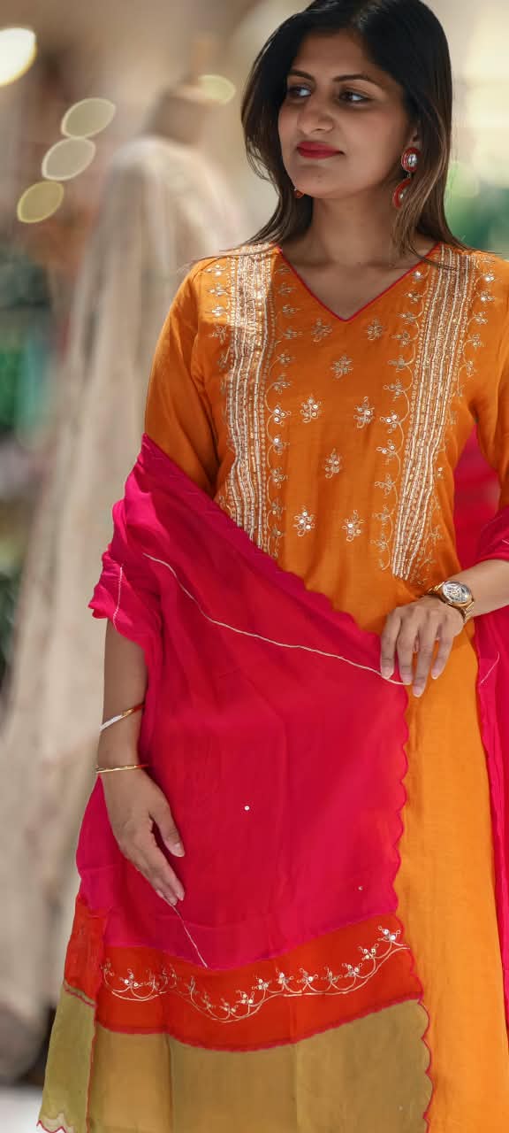 Delicate Sequin Embroidery Touch Vibrant Multi Color A-Line Mul-Chanderi Full Suit Set With Dupatta- 16639