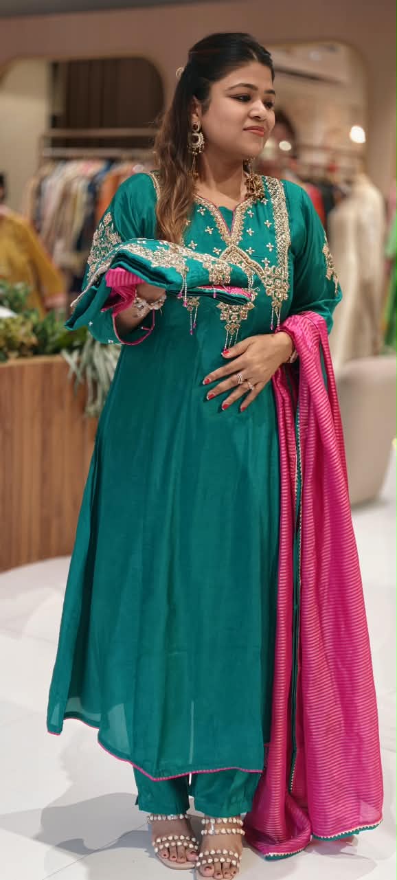 Very Elegant Chevron Tasseled Jewel Look Embroidery Work Russian Silk Panel Anarkali Full Suit Set With Dupatta- 16584
