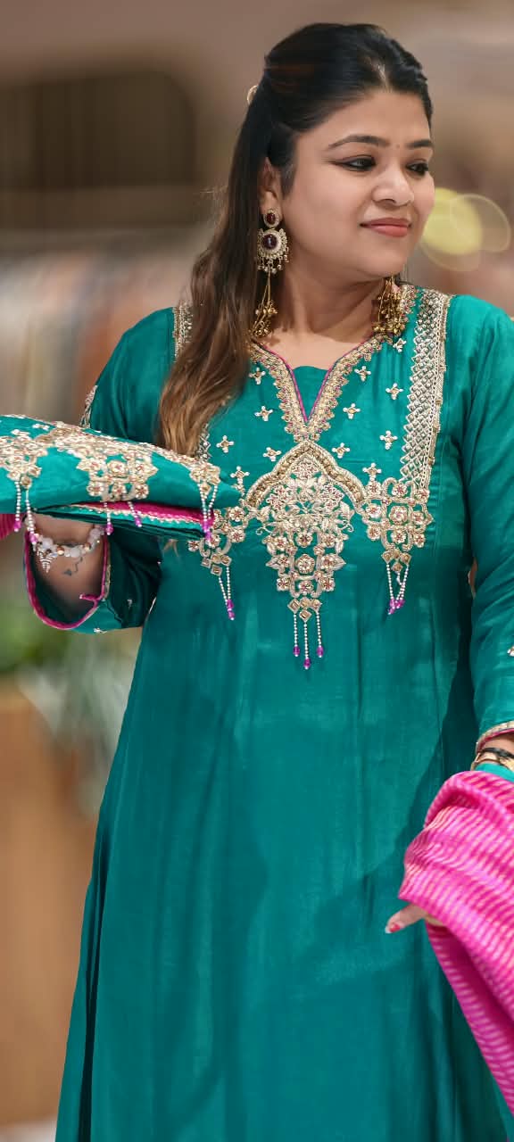 Very Elegant Chevron Tasseled Jewel Look Embroidery Work Russian Silk Panel Anarkali Full Suit Set With Dupatta- 16584