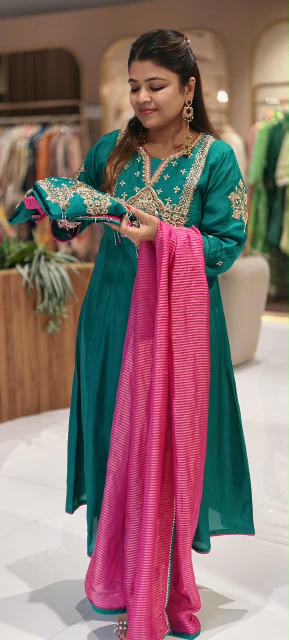 Very Elegant Chevron Tasseled Jewel Look Embroidery Work Russian Silk Panel Anarkali Full Suit Set With Dupatta- 16584