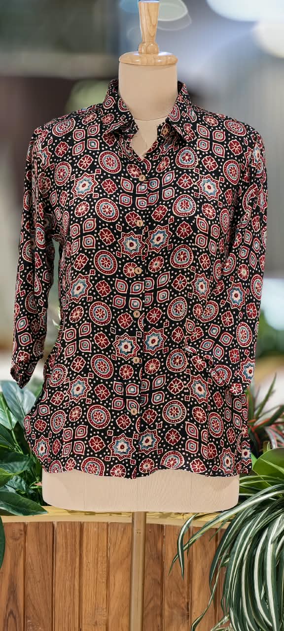 Modal Satin Multi Printed Ajrakh Flowy Regular Shirts 16653