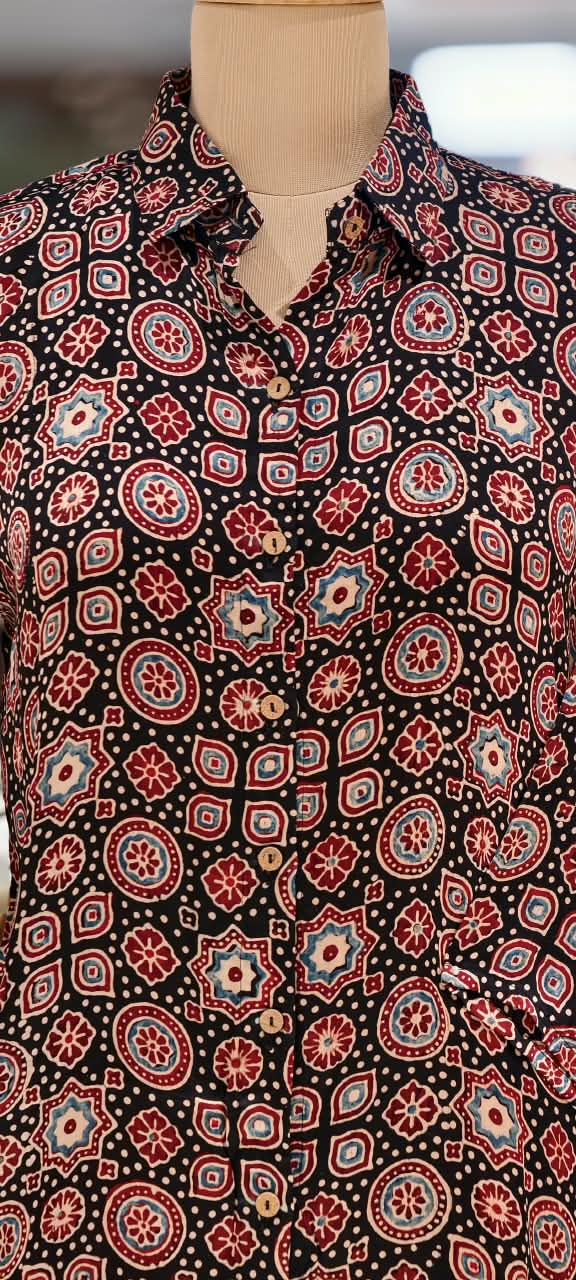 Modal Satin Multi Printed Ajrakh Flowy Regular Shirts 16653
