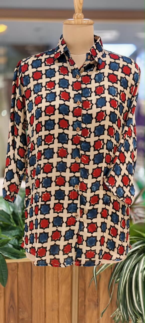 Modal Satin Multi Printed Ajrakh Flowy Regular Shirts 16653