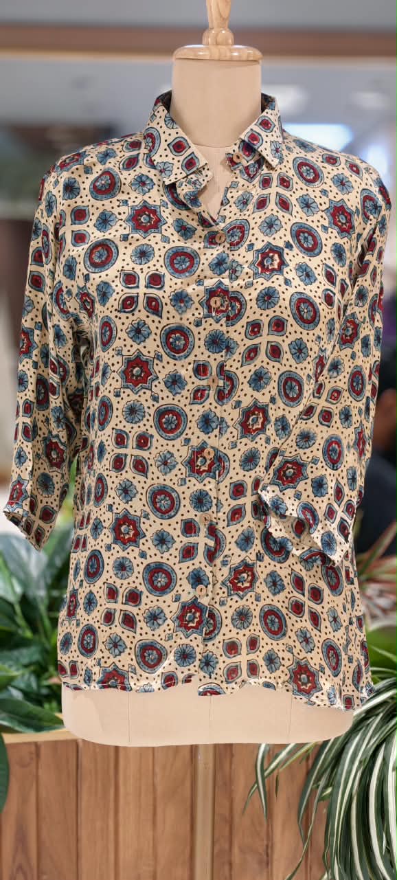 Modal Satin Multi Printed Ajrakh Flowy Regular Shirts 16653