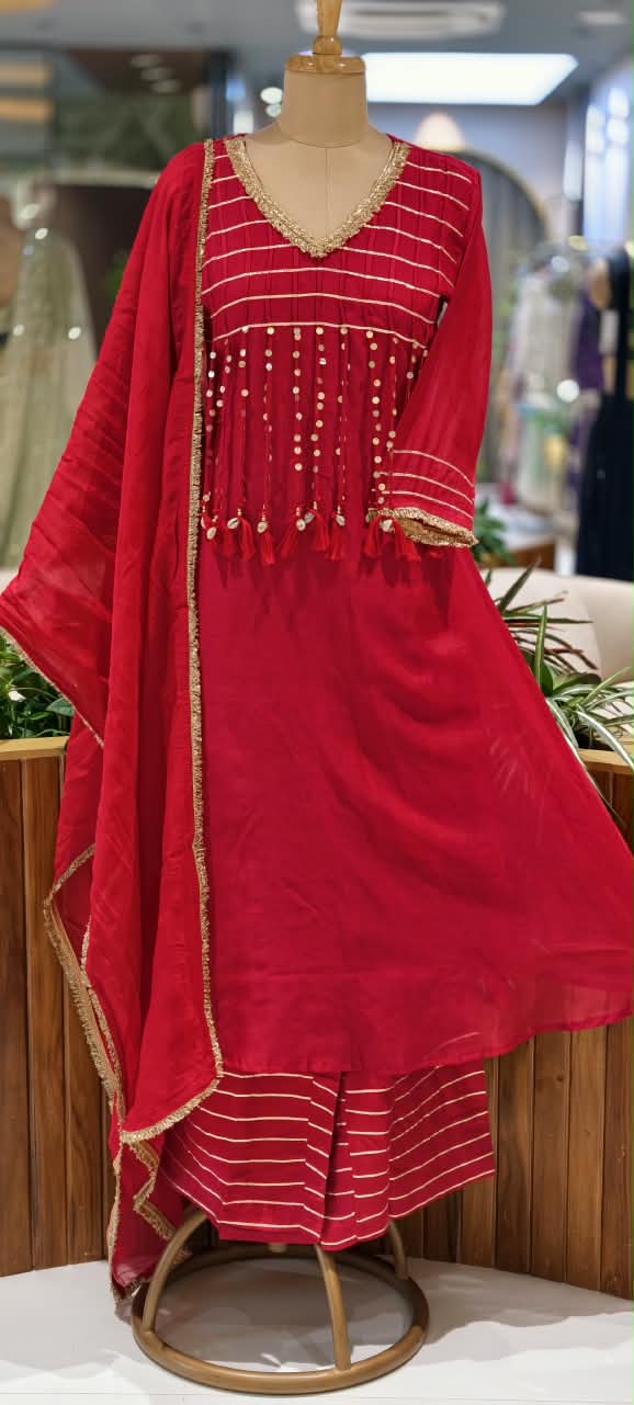 Pure Mulchanderi A-line Full Suit Set with Gota Patti Stripes & Tassel Detailing Front Design- 16660