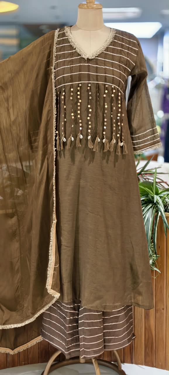 Pure Mulchanderi A-line Full Suit Set with Gota Patti Stripes & Tassel Detailing Front Design- 16660