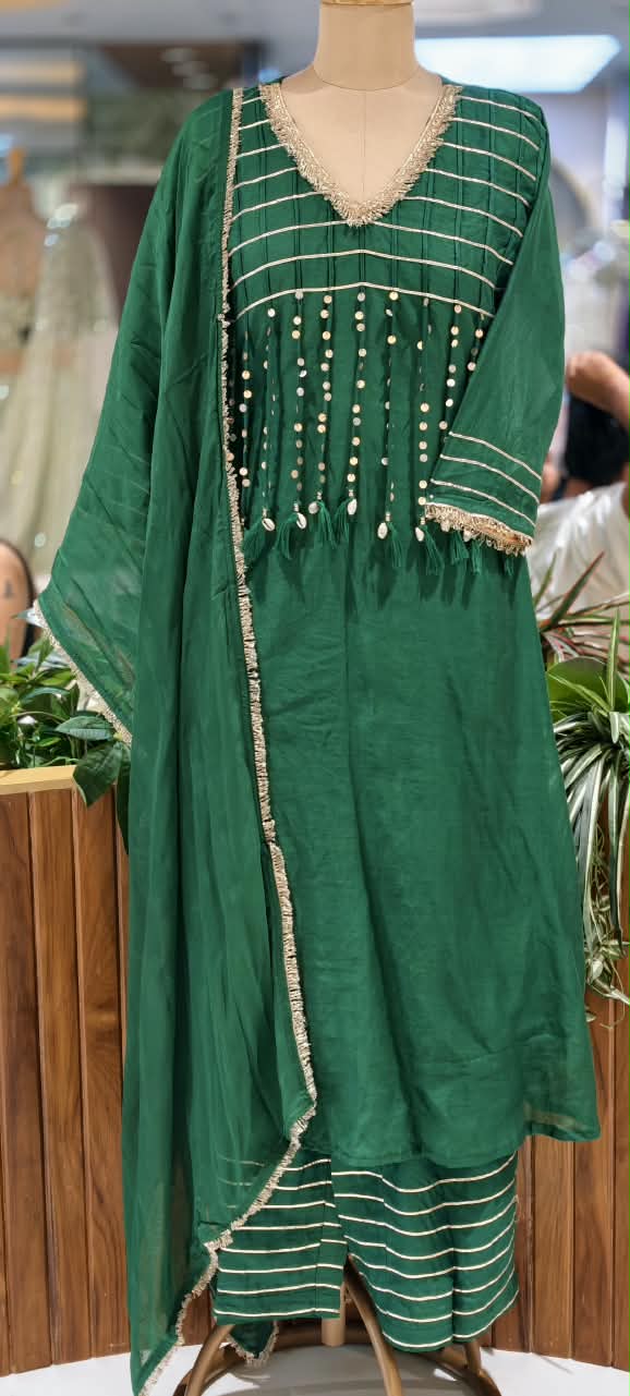 Pure Mulchanderi A-line Full Suit Set with Gota Patti Stripes & Tassel Detailing Front Design- 16660