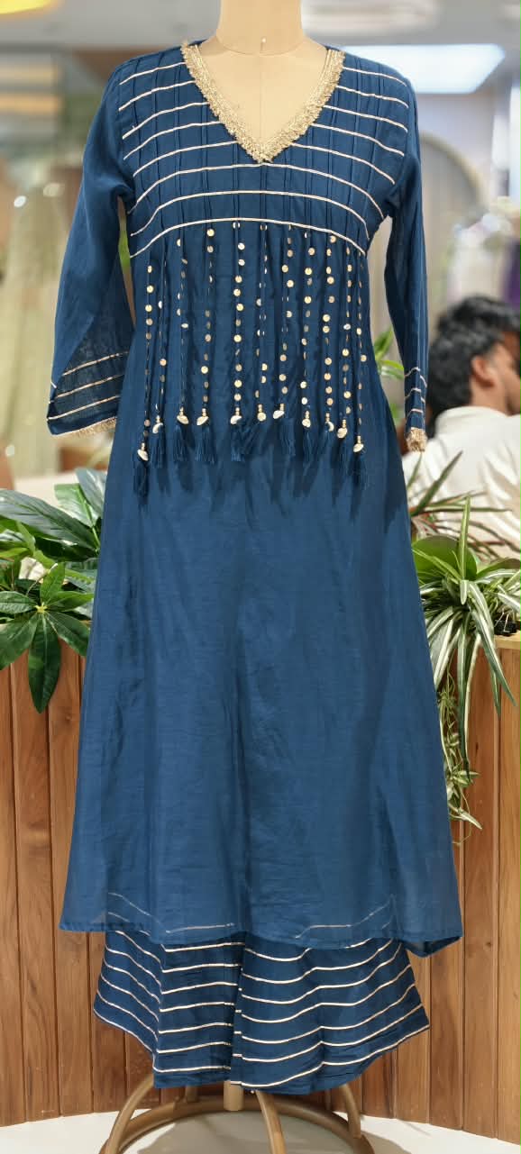 Pure Mulchanderi A-line Full Suit Set with Gota Patti Stripes & Tassel Detailing Front Design- 16660