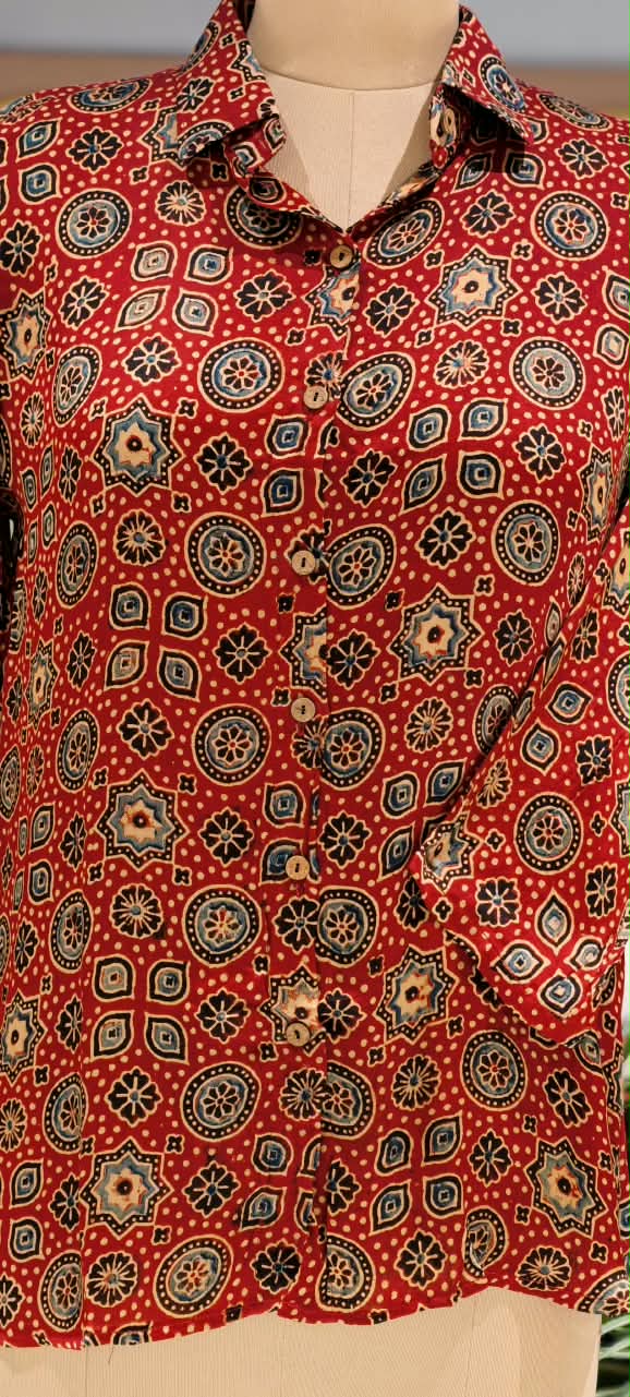 Modal Satin Multi Printed Ajrakh Flowy Regular Shirts 16653