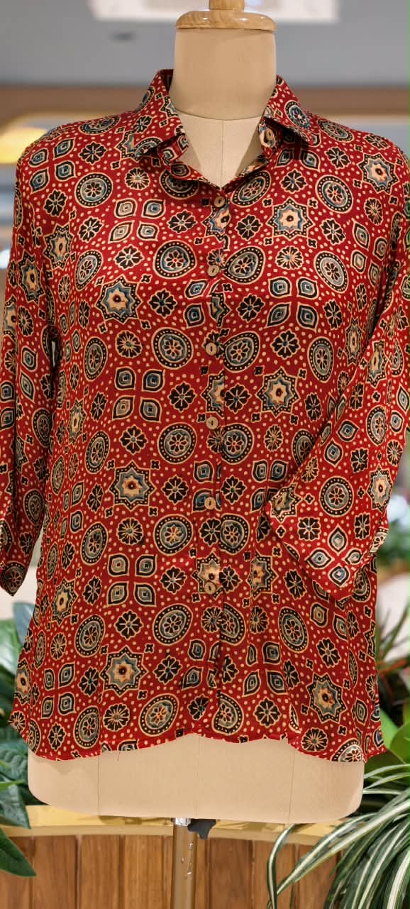 Modal Satin Multi Printed Ajrakh Flowy Regular Shirts 16653