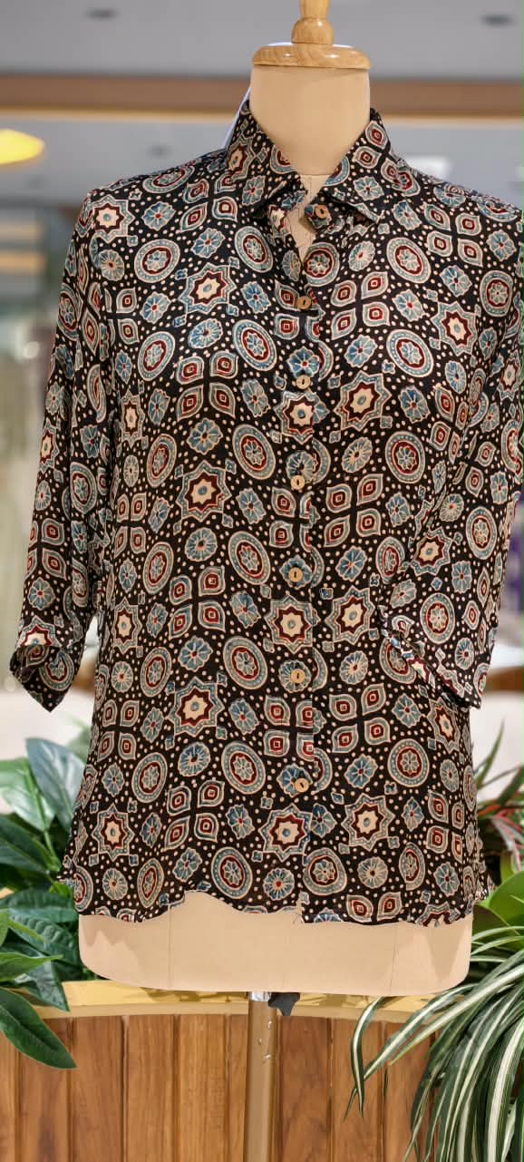 Modal Satin Multi Printed Ajrakh Flowy Regular Shirts 16653