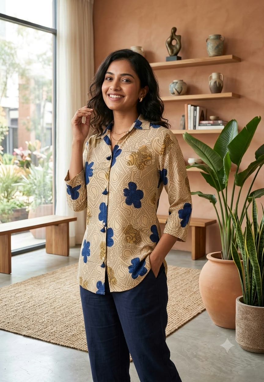Modal Satin Silk Mango With Floral Butti Printed Shirt- 16605