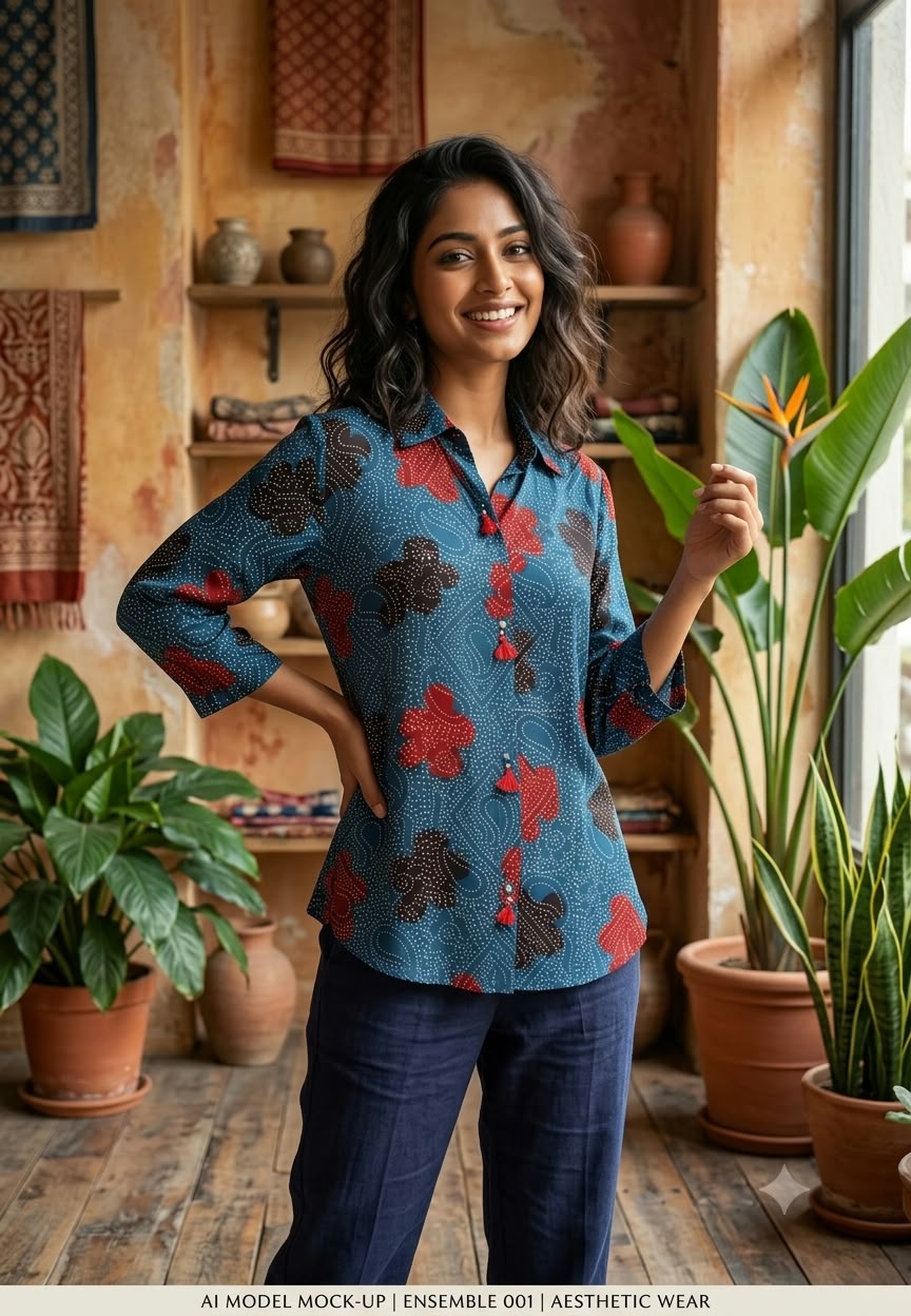 Modal Satin Silk Mango With Floral Butti Printed Shirt- 16605