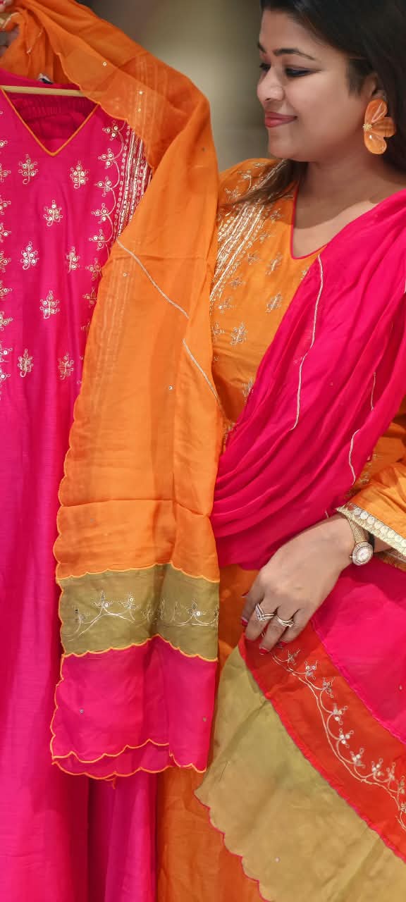 Delicate Sequin Embroidery Touch Vibrant Multi Color A-Line Mul-Chanderi Full Suit Set With Dupatta- 16639