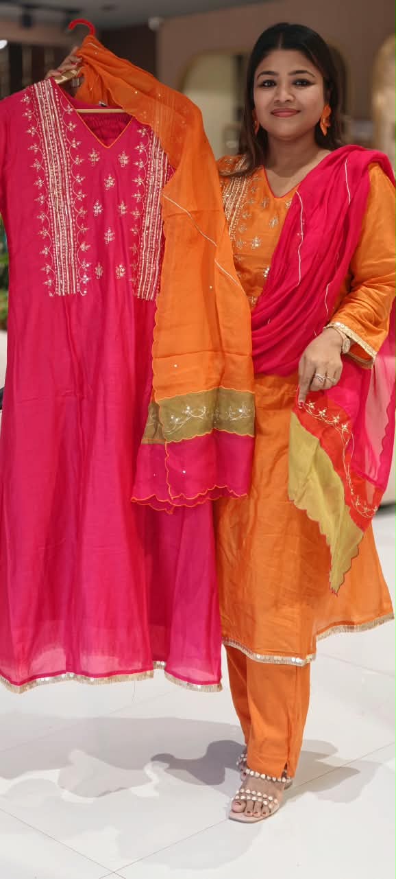 Delicate Sequin Embroidery Touch Vibrant Multi Color A-Line Mul-Chanderi Full Suit Set With Dupatta- 16639