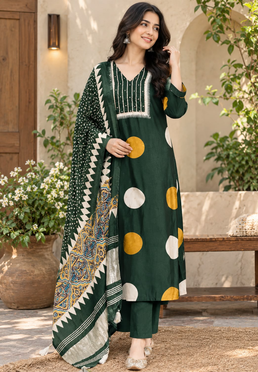 Dark Green Russian Silk Full Suit Set With Polka Dot Kurta, Plain Bottom & Gajji Silk Dupatta- 16598